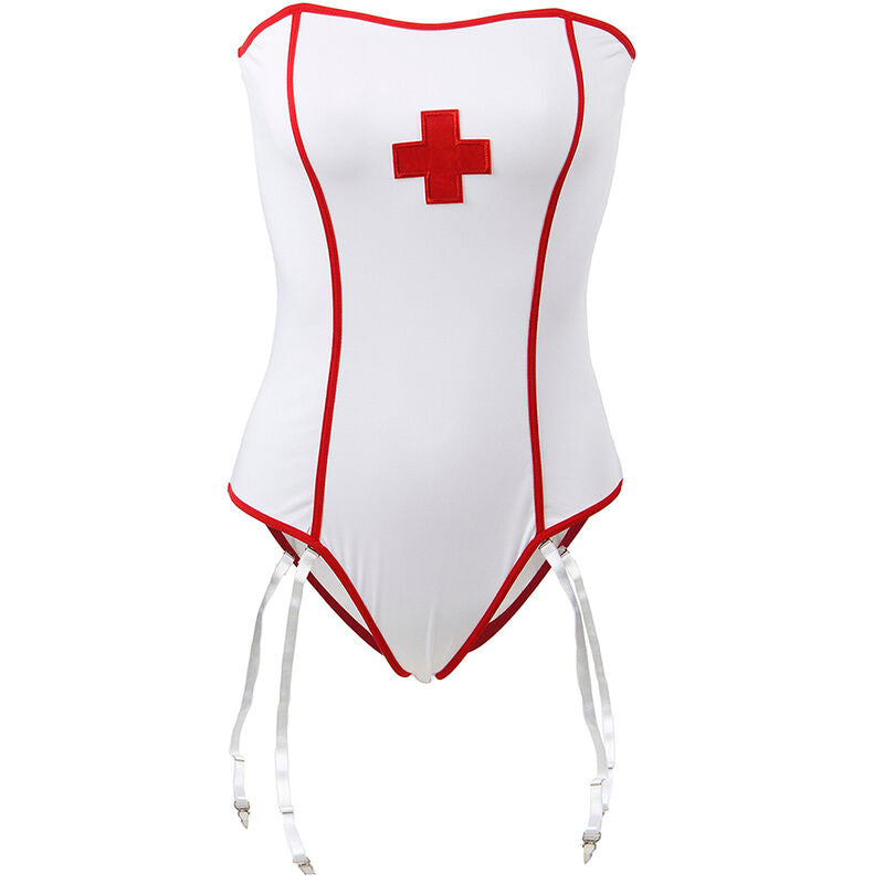 Teddy d'infirmiere blanc Subblime presente a plat de face : liseres rouges, croix brodee sur la poitrine et bretelles de jarretelles pendantes.