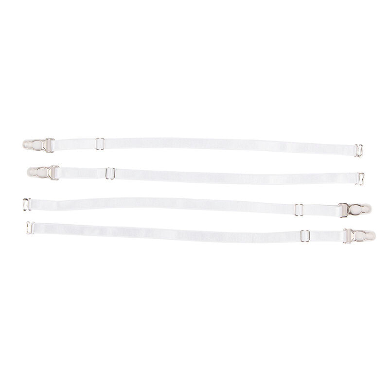 Quatre bretelles de porte-jarretelles blanches du costume infirmiere Subblime, posees a plat avec leurs boucles reglables et pinces metalliques.