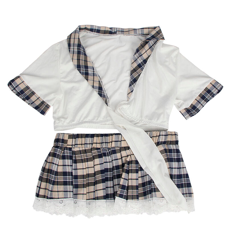 Costume d'ecoliere Subblime pose a plat : chemisier blanc noue a manches courtes et mini-jupe plissee a carreaux bleus bordee de dentelle.