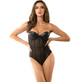 Body noir Subblime a armatures porte de face, bonnets soutenus et large panneau de voile transparent sur le ventre, coupe echancree et bretelles fines.