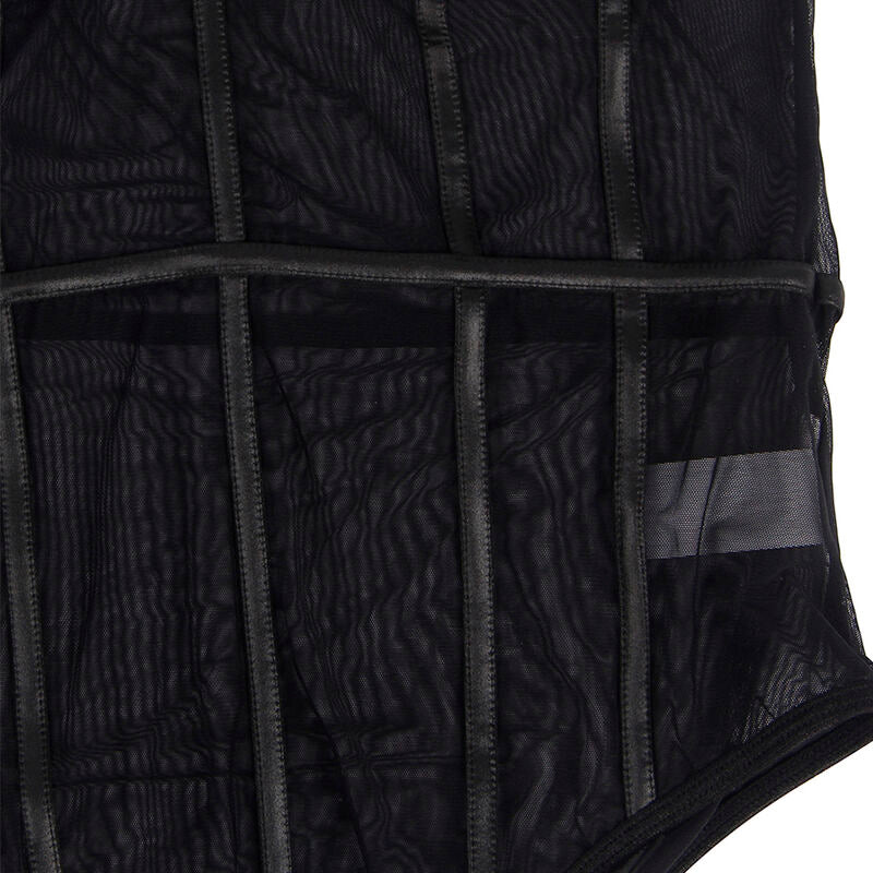 Gros plan sur la maille voile transparente et les bandes verticales du body noir Subblime, texture fine et finition des coutures de la matiere.