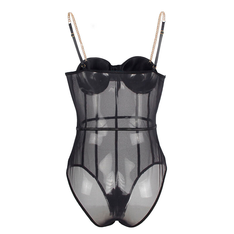 Body noir Subblime presente a plat sur fond blanc, detail des bonnets soutenus, panneau voile transparent et bretelles chaine metal aux epaules.