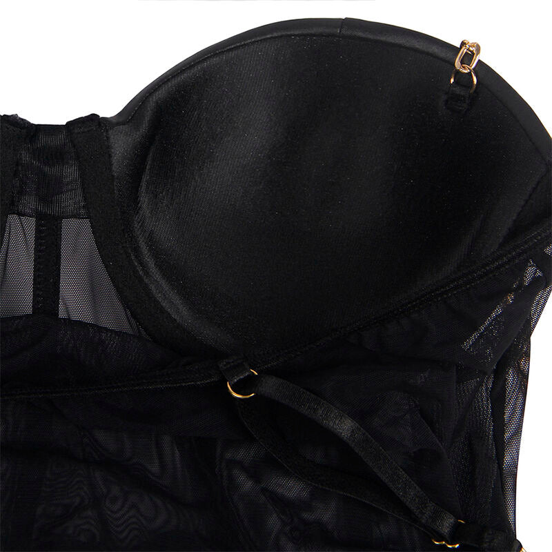 Gros plan sur le bonnet opaque et la bretelle reglable du body Subblime, montrant la couture, l armature et l attache metal du voile transparent.