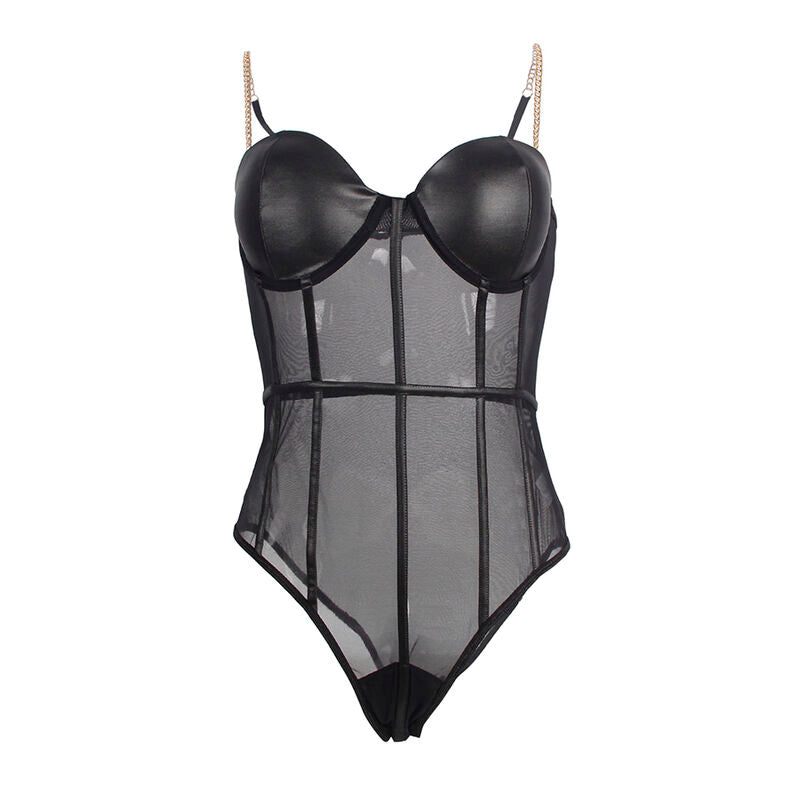 Body noir transparent Subblime presente seul de face, bonnets en bonnet opaque, corps en maille voile fine et armatures, bretelles ajustables visibles.