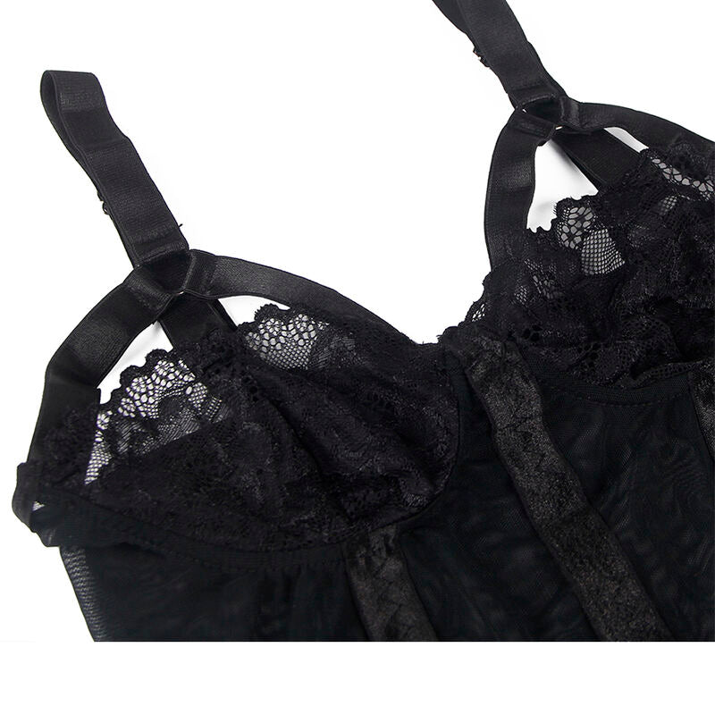 Gros plan sur les bonnets en dentelle florale et les bretelles harnais du teddy noir Subblime, montrant le motif de la dentelle et la maille voile.