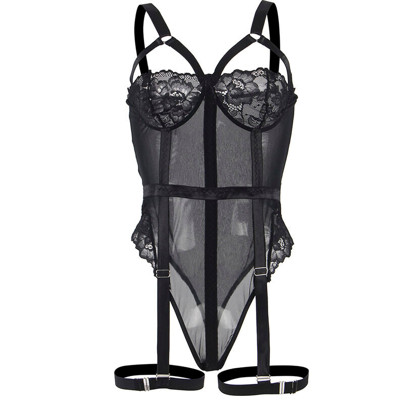 Teddy noir Subblime presente a plat, dentelle aux bonnets, corps voile transparent et jarretieres a boucles reglables suspendues sous la coupe echancree.