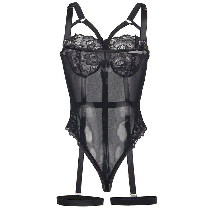 Teddy noir en dentelle Subblime presente seul de face, bonnets dentelle florale, corps voile transparent et jarretieres reglables a anneaux de jambe.