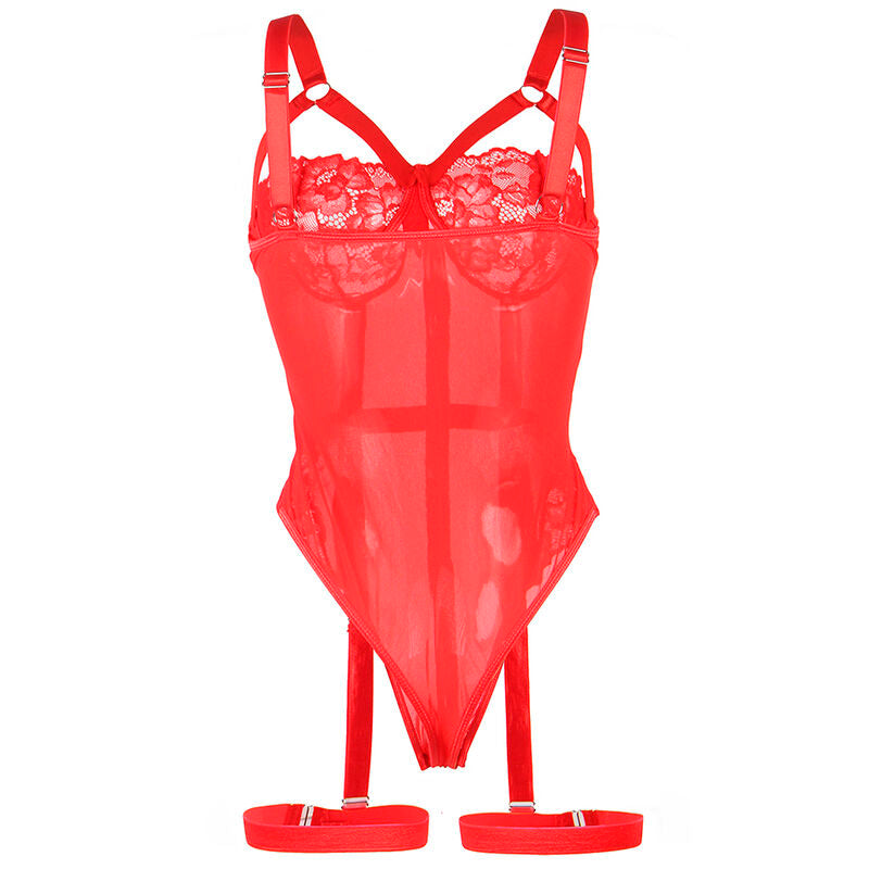 Teddy rouge en dentelle Subblime presente seul de face, bonnets dentelle florale, sangles harnais et jarretieres reglables a anneaux de jambe pendants.