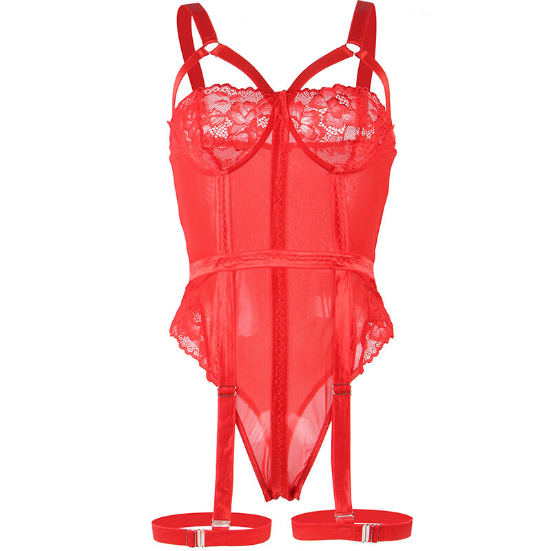 Teddy rouge Subblime presente a plat, dentelle aux bonnets, corps voile transparent et jarretieres a boucles reglables suspendues sous la coupe echancree.