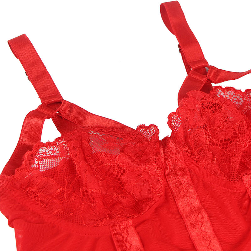 Gros plan sur les bonnets en dentelle florale rouge du teddy Subblime, montrant le tissage de la dentelle, les bretelles harnais et la maille voile.