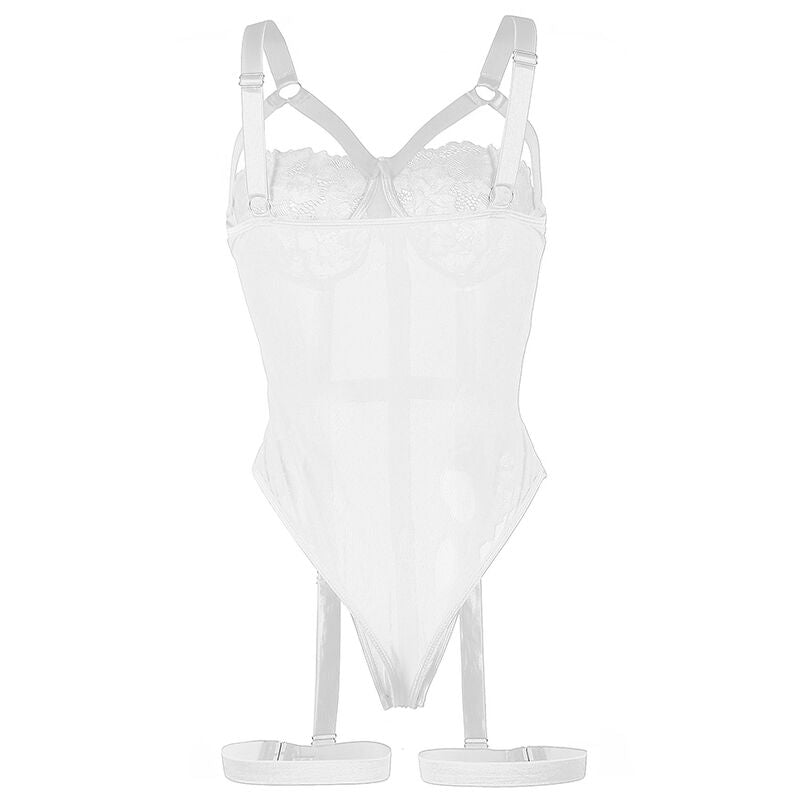 Plan produit du teddy dentelle blanc Subblime etale, bretelles harnais et jarretiere integree visibles, anneaux de cuisse, presentation catalogue nette.