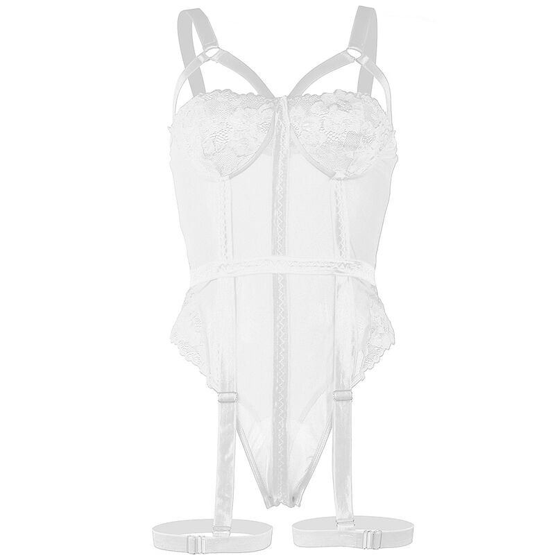 Teddy dentelle blanc Subblime presente a plat, bonnets dentelle, bandes structurantes et jarretiere integree visibles, anneaux de jambe, vue produit.