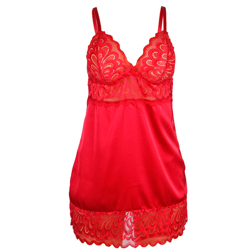Babydoll satin rouge Subblime presente a plat, devant lisse, bonnets en dentelle florale et large bordure festonnee, vue produit sans modele.