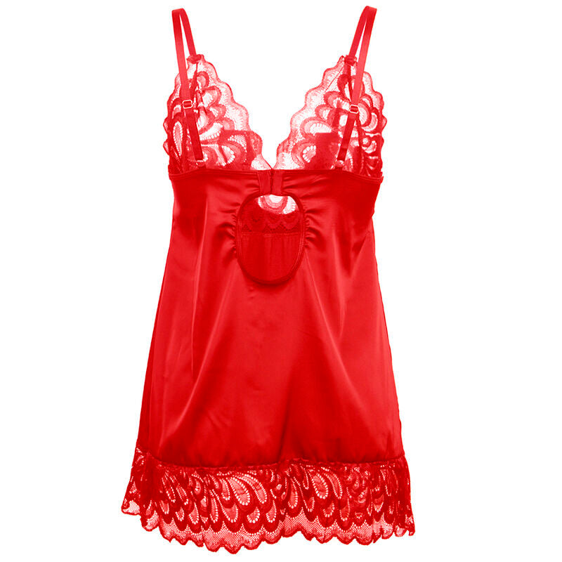 Plan produit du babydoll satin rouge Subblime montrant l interieur et la fermeture crochet au dos, dentelle florale en bas, presentation a plat nette.