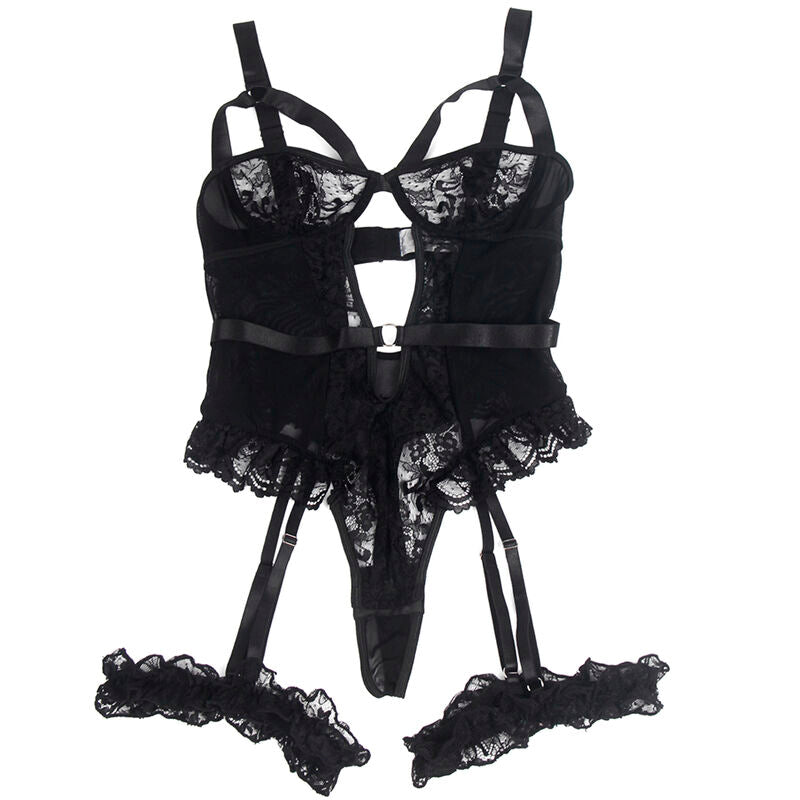 Teddy dentelle noir Subblime presente a plat avec jarretieres a volant, bonnets dentelle florale et bandes satin, vue produit complete sans modele.