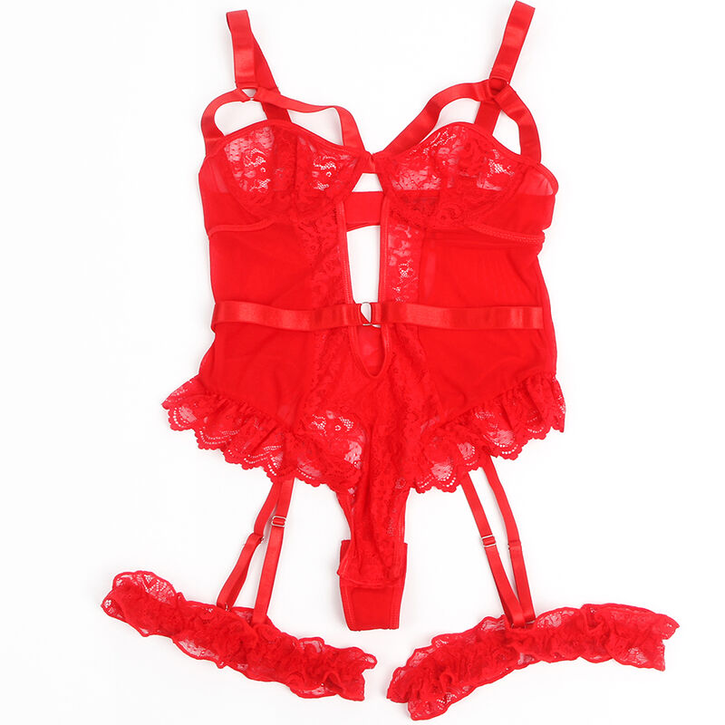 Teddy dentelle rouge Subblime presente a plat avec jarretieres a volant, bonnets dentelle et bandes satin, vue produit complete et nette sans modele.