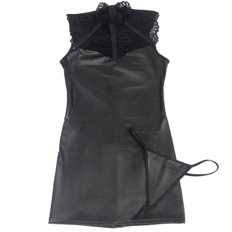 Robe lingerie noire Subblime présentée à plat avec son string assorti, vue détaillée du col montant en dentelle florale et du tissu effet cuir brillant de cette pièce sensuelle.