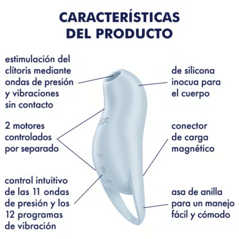 Schéma annoté du Satisfyer Pocket Pro 1 bleu, légendes des caractéristiques en silicone, deux moteurs et anneau de préhension du stimulateur clitoridien air pulse.