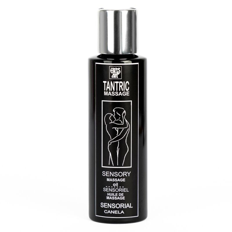 Flacon noir Eros Tantric Massage Sensory cannelle, bouchon argent, huile de massage tantrique a base d'huiles vegetales pour des massages sensuels