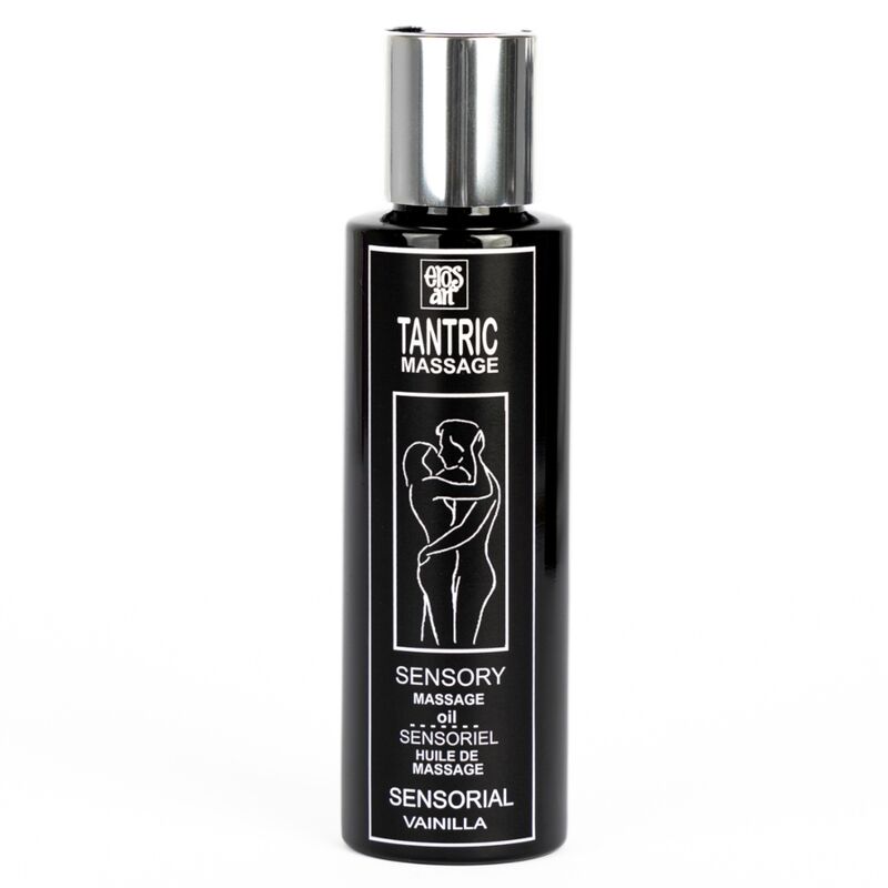 Flacon noir Eros Tantric Massage Sensory vanille, bouchon argent, huile de massage tantrique aux notes vanille a base d'huiles vegetales naturelles