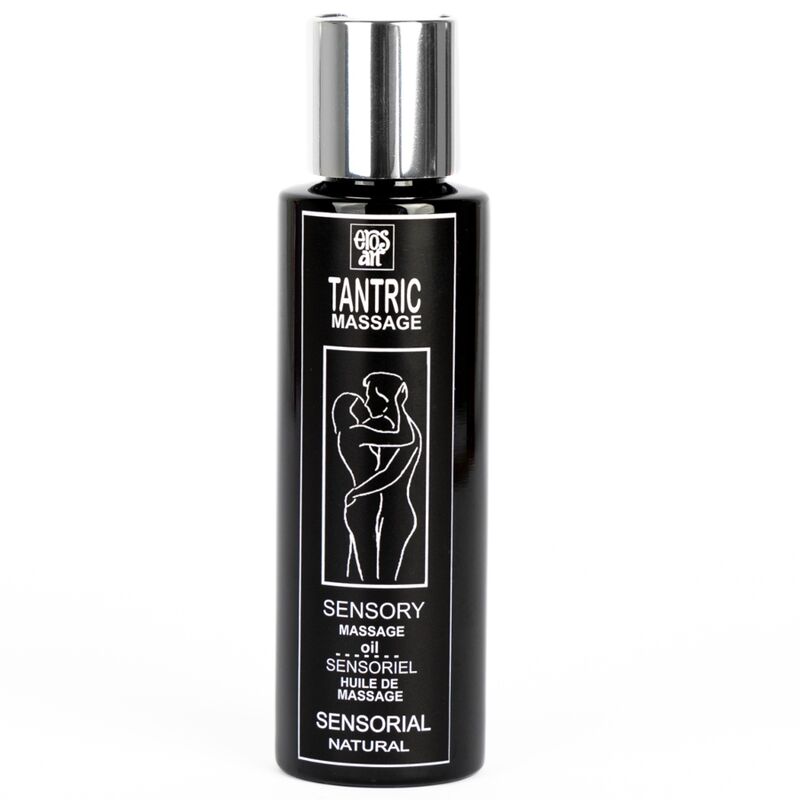 Flacon noir Eros Tantric Massage Sensory naturel, bouchon argent, huile de massage tantrique sensoriel base d'huiles vegetales pour les massages sensuels