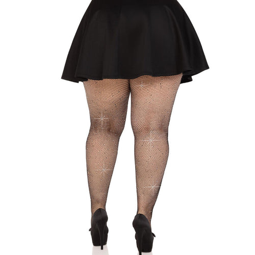 Collants resille noirs scintillants grande taille valorisant les courbes, portes sous jupe patineuse noire et escarpins, maille filet sensuelle.