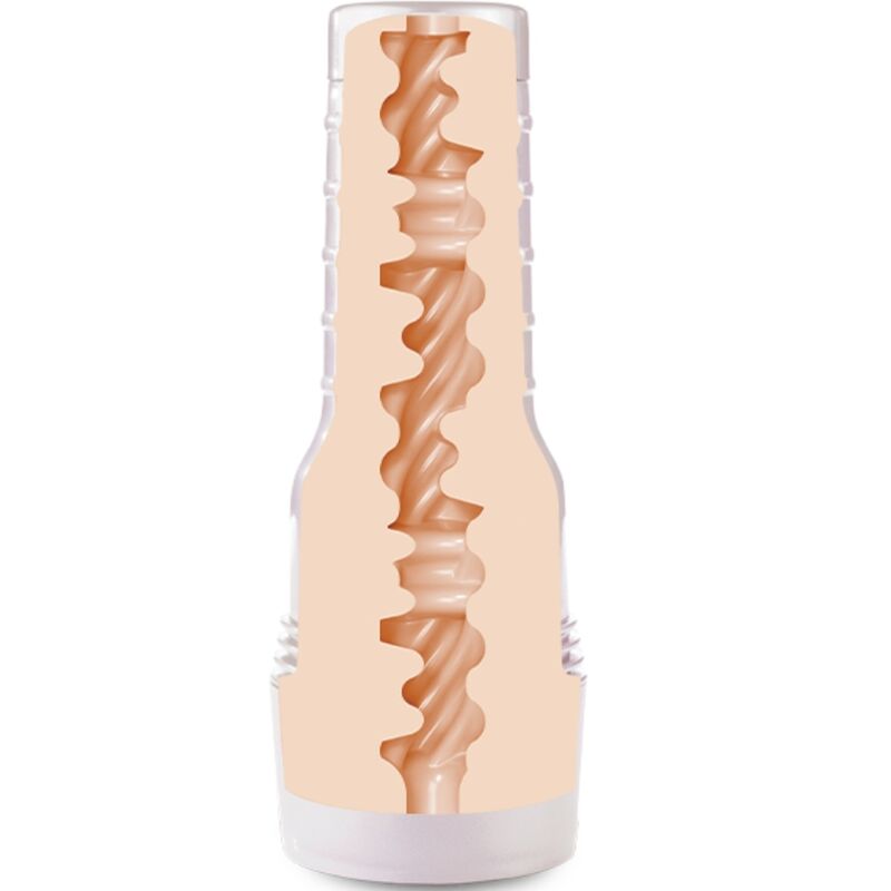 Masturbateur Fleshlight vu en transparence, tunnel interne a spirales et torsades texturees couleur chair visible sur la longueur, gaine souple posee dans son etui clair.