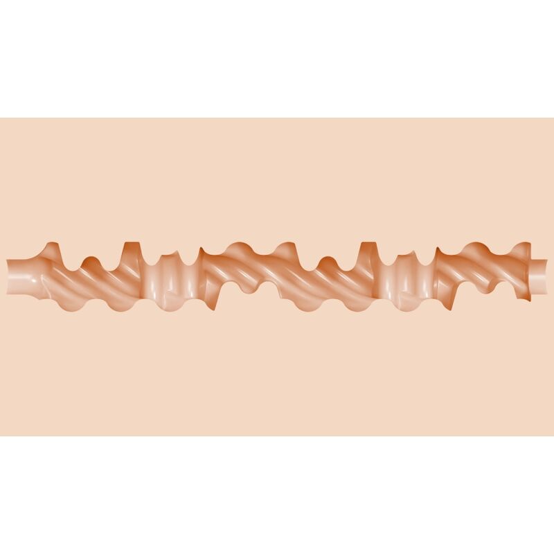Bandeau schematique de la texture interne du masturbateur, torsades et spirales en relief couleur chair deroulees sur la longueur, illustration du parcours stimulant du canal.