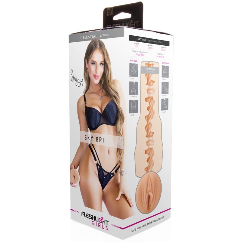 Coffret du masturbateur Fleshlight Girls Sky Bri, boite illustrant le modele en lingerie et l'orifice vaginal realiste moule, gaine cyberskin a canal interne en spirale.