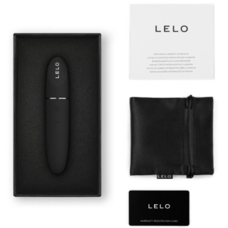 Boîte ouverte du Mia 3 noir avec sa pochette satin et sa carte de garantie Lelo, présentation des accessoires fournis avec ce vibromasseur compact en silicone.