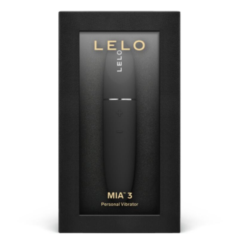 Vibromasseur personnel Mia 3 noir présenté droit dans son écrin Lelo Personal Vibrator, design épuré en silicone biocompatible, compact et rechargeable USB.