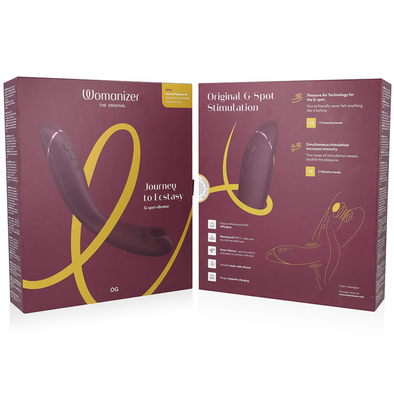 Emballage bordeaux du Womanizer OG ouvert montrant le device courbé et un schéma d'usage du stimulateur G-spot par ondes d'air, sans anatomie. Visuel pédagogique non explicite.