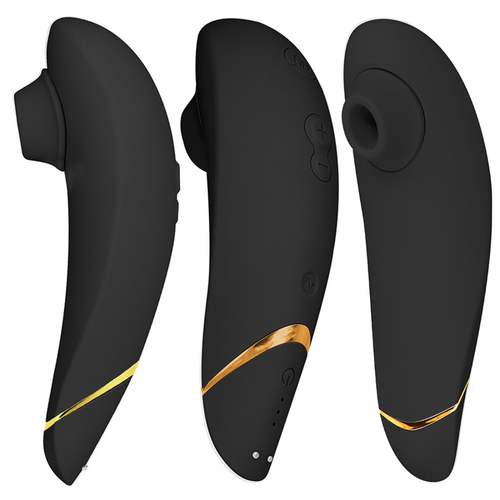 Trois vues du Womanizer Premium 2 noir au liseré doré : embout d'aspiration en silicone, profil et dos à boutons, stimulateur clitoridien sans contact.