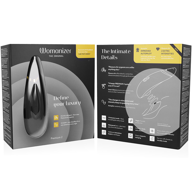 Emballage gris du Womanizer Premium 2 ouvert présentant le device et un schéma d'usage du stimulateur clitoridien par ondes d'air, sans anatomie. Visuel pédagogique non explicite.