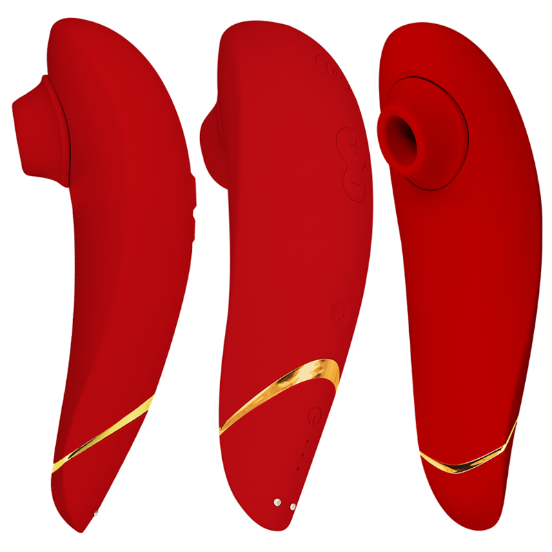 Trois vues du Womanizer Premium 2 rouge au liseré doré : embout d'aspiration en silicone, profil et dos à boutons, stimulateur clitoridien sans contact.