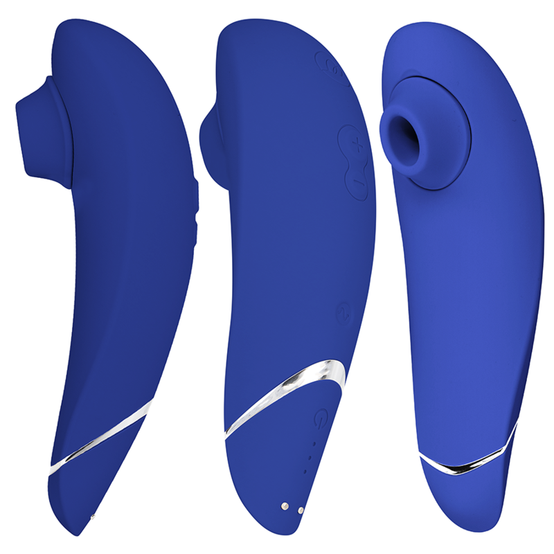 Trois vues du Womanizer Premium 2 bleu au liseré argenté : embout d'aspiration en silicone, profil et dos à boutons, stimulateur clitoridien sans contact.