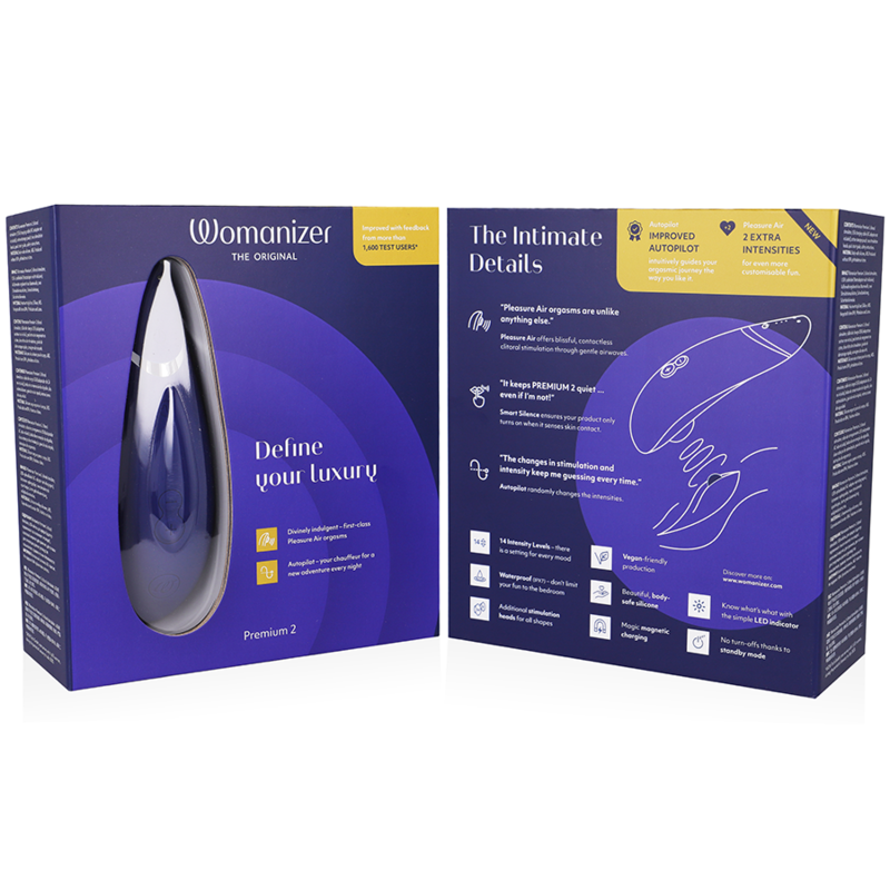 Emballage bleu nuit du Womanizer Premium 2 ouvert présentant le device et un schéma d'usage du stimulateur clitoridien par ondes d'air, sans anatomie.