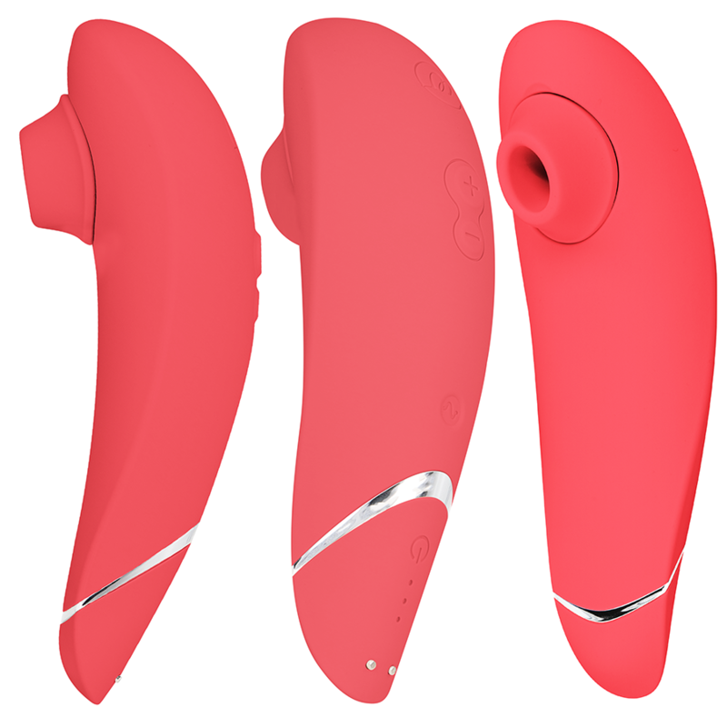 Trois vues du Womanizer Premium 2 rose au liseré argenté : embout d'aspiration en silicone, profil et dos à boutons, stimulateur clitoridien sans contact.
