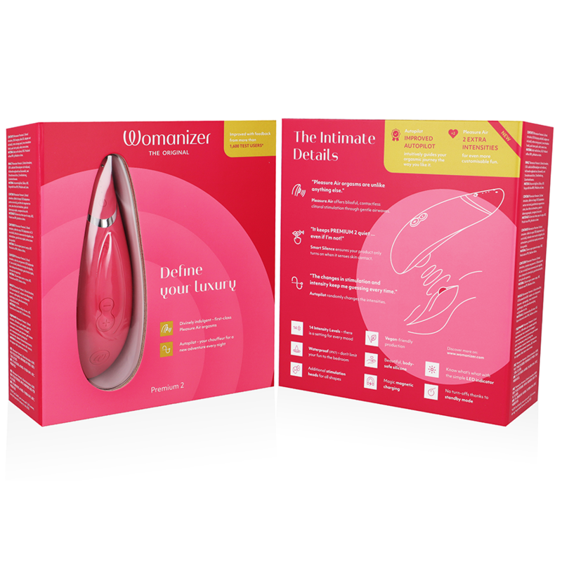Emballage rose du Womanizer Premium 2 ouvert présentant le device et un schéma d'usage du stimulateur clitoridien par ondes d'air, sans anatomie. Visuel pédagogique non explicite.