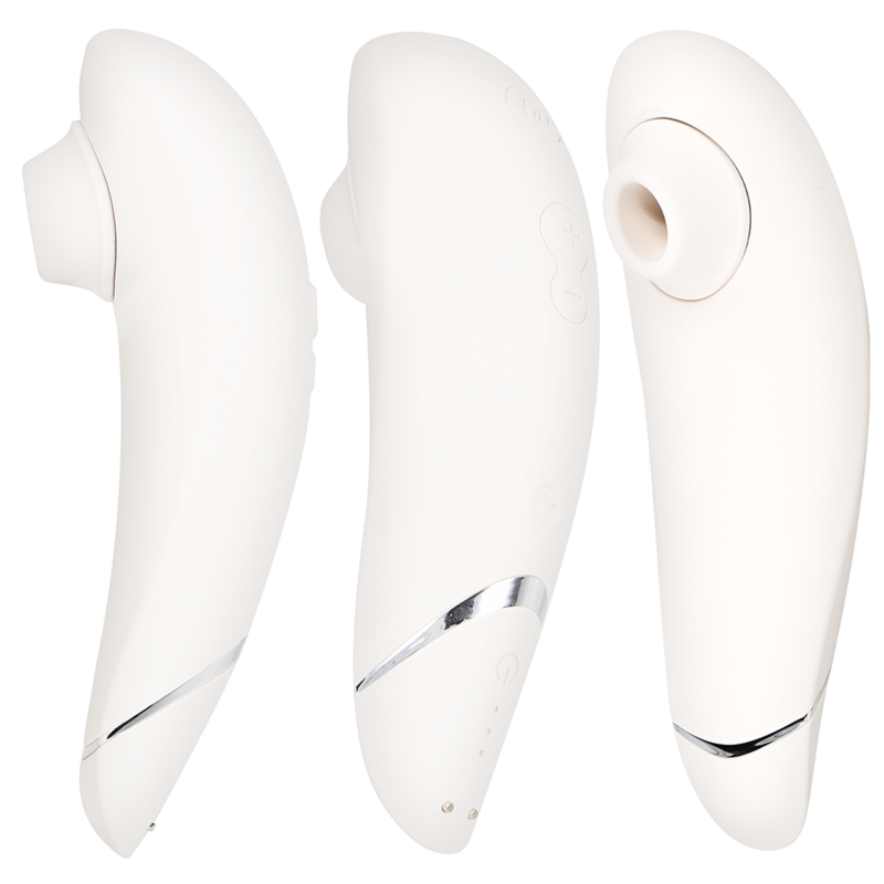 Trois vues du Womanizer Premium 2 blanc au liseré argenté : embout d'aspiration en silicone, profil et dos à boutons, stimulateur clitoridien sans contact.