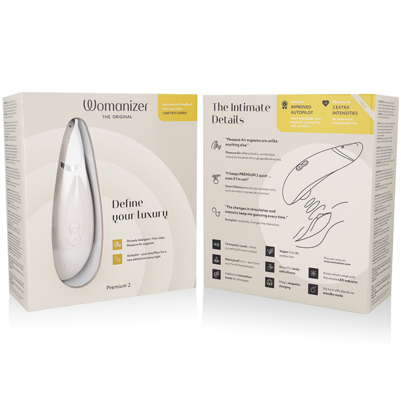 Emballage beige du Womanizer Premium 2 ouvert présentant le device et un schéma d'usage du stimulateur clitoridien par ondes d'air, sans anatomie. Visuel pédagogique non explicite.