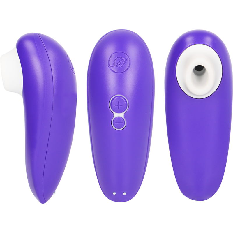 Trois vues du Womanizer Starlet 3 violet : profil, face à boutons +/− et embout d'aspiration en silicone de dessus, stimulateur clitoridien Pleasure Air.