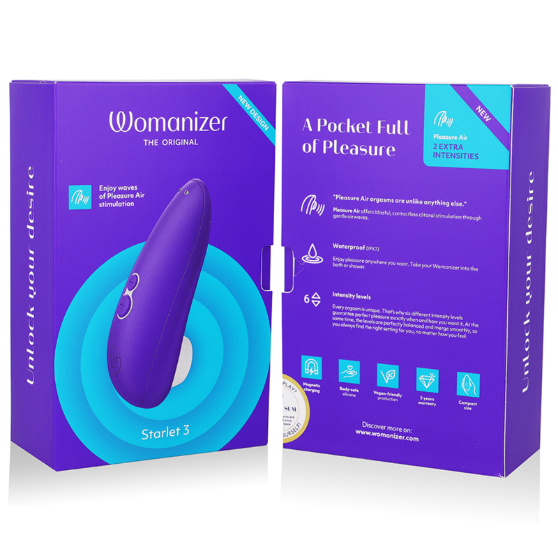 Emballage violet du Womanizer Starlet 3 ouvert présentant le device et un schéma d'usage du stimulateur clitoridien par ondes d'air, sans anatomie. Visuel pédagogique non explicite.