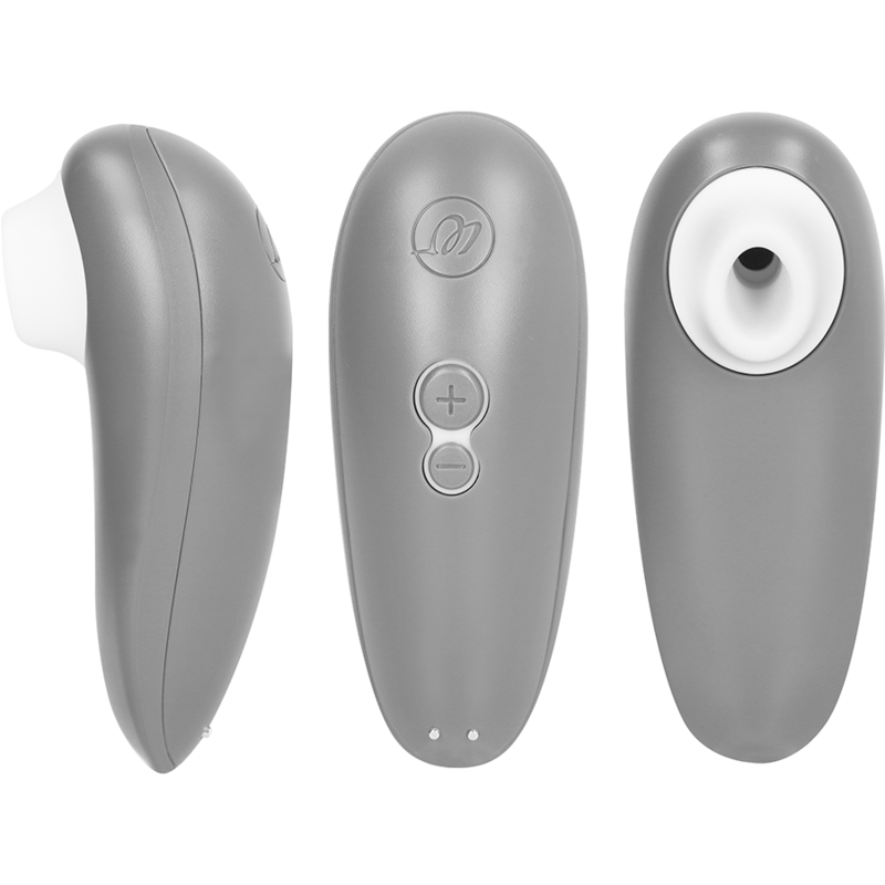 Trois vues du Womanizer Starlet 3 gris : profil, face à boutons +/− et embout d'aspiration en silicone vu de dessus, stimulateur clitoridien Pleasure Air.