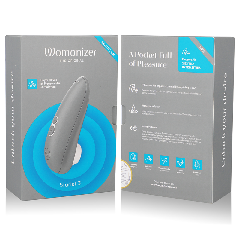 Emballage gris du Womanizer Starlet 3 ouvert montrant le device et un schéma d'usage du stimulateur clitoridien par ondes d'air, sans anatomie. Visuel pédagogique non explicite.