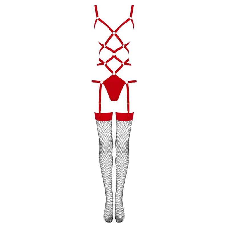 Ensemble harnais Thiara rouge Livco Corsetti pose a plat de face, brides entrelacees a anneaux et bas resille blancs assortis, vue produit detaillee.