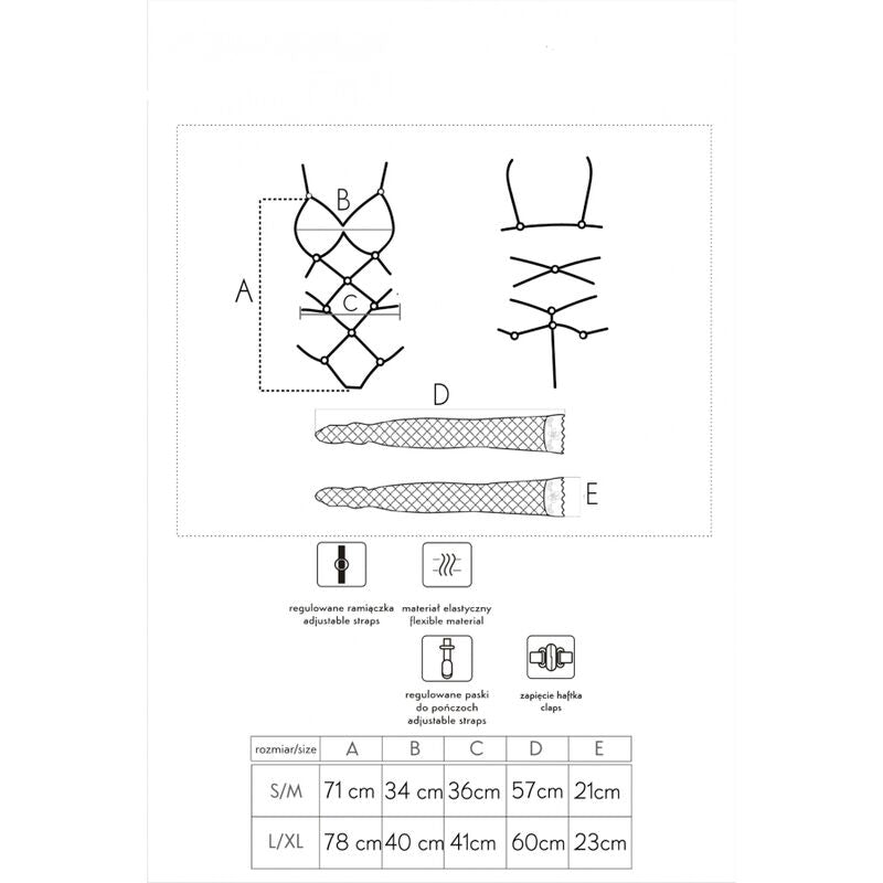 Fiche technique de l ensemble Thiara Livco Corsetti, croquis face dos a brides et bas, tableau des tailles S M et L XL, materiau elastique et bretelles reglables.