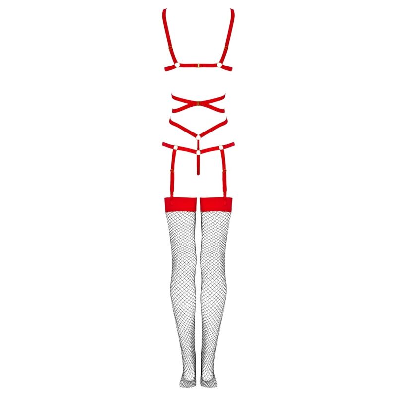 Ensemble harnais Thiara rouge Livco Corsetti presente a plat de dos, brides croisees a anneaux et bas resille assortis, presentation produit detaillee.