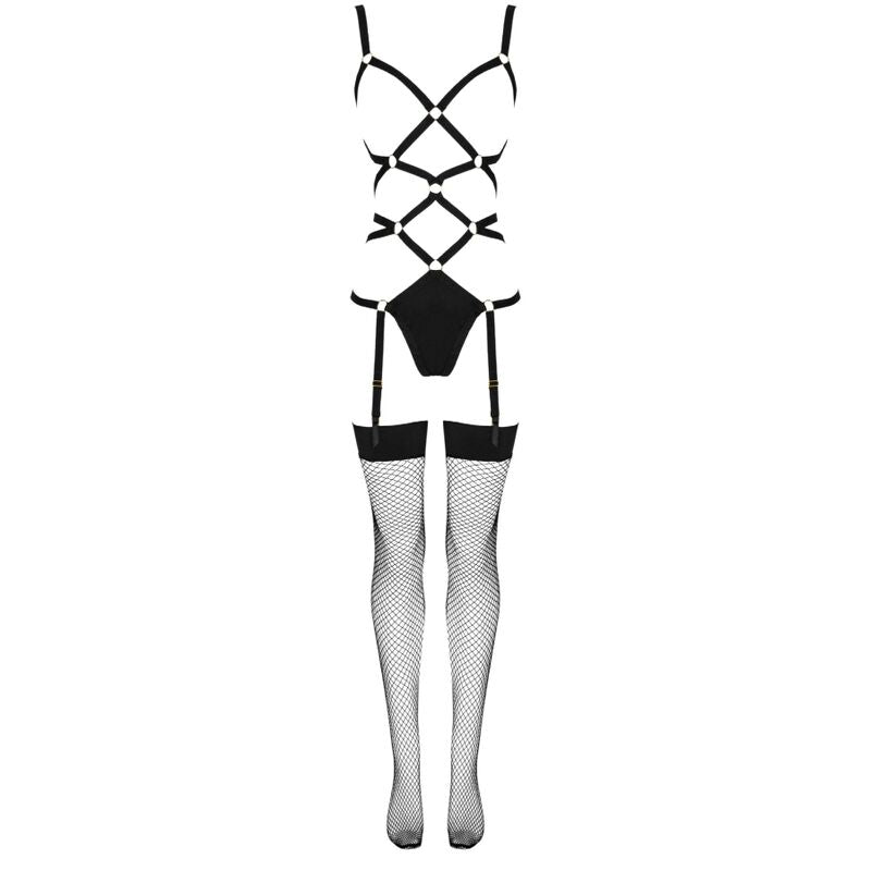 Ensemble harnais Thiara noir Livco Corsetti pose a plat de face, brides entrelacees a anneaux et bas resille blancs assortis, vue produit detaillee.