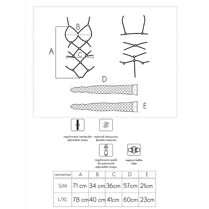 Fiche technique de l ensemble Thiara Livco Corsetti, croquis face dos a brides et bas resille, tableau des tailles S M et L XL, materiau elastique.